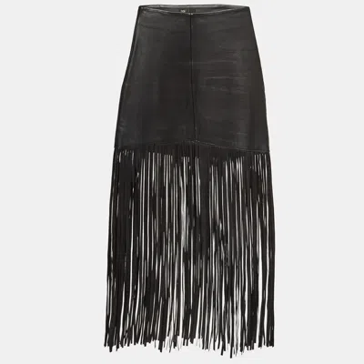 Pre-owned Maje Black Leather Fringed Short Skirt M