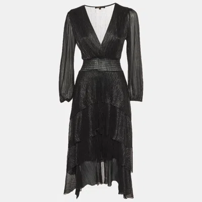 Maje Black Metallic Asymmetric Tiered Midi Dress
