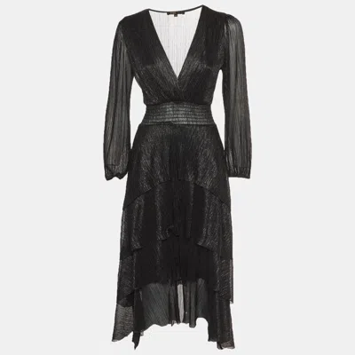 Pre-owned Maje Black Metallic Asymmetric Tiered Midi Dress S