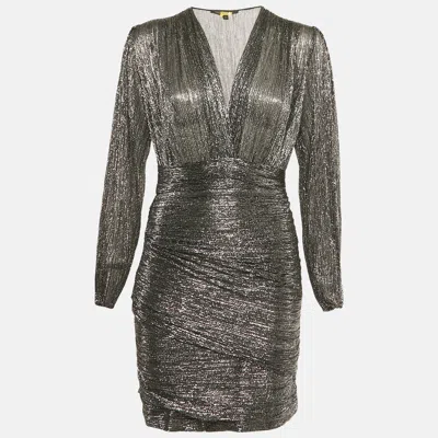 Maje Black Metallic Plunge Neck Mini Dress In Gray