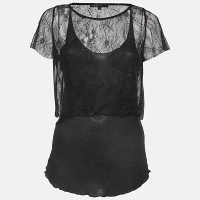 Pre-owned Maje Black Patterned Lace And Knit Layered Top L
