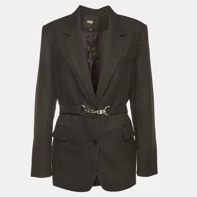 Pre-owned Maje Black Rhinestone Embellished Gabardine Belted Suit Jacket L