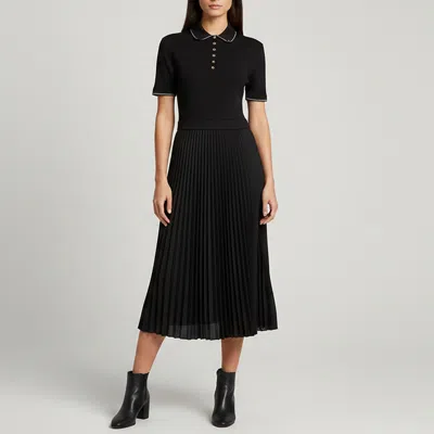 Pre-owned Maje Black Rib Knit Satin Plissé Polo Midi Dress M
