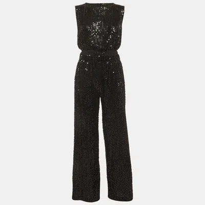 Pre-owned Maje Black Sequin Velvet Cut Out Crop Top & Wide Leg Pants Set M