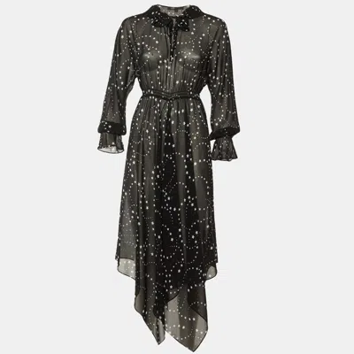 Pre-owned Maje Black Star Print Crepe Asymmetric Hem Sheer Midi Dress L