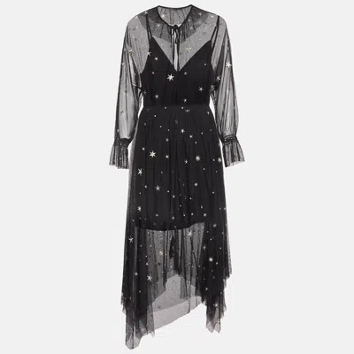 Pre-owned Maje Black Start Embroidered Mesh Asymmetric Midi Dress L