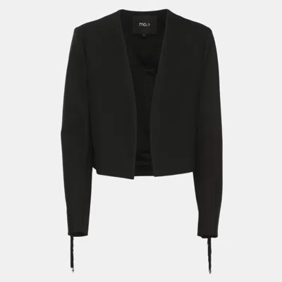 Maje Black Stretch Crepe Cropped Fringe Blazer