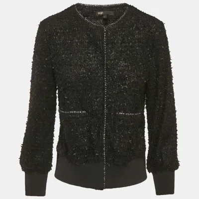 Maje Black Stretch Knit Crop Zip Up Jacket