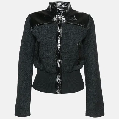 Maje Black Tweed Button Front Contrast Trimmed Jacket