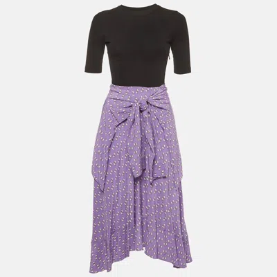 Maje Black/purple Bow Print Jersey And Crepe Trompe L'oeil Midi Dress