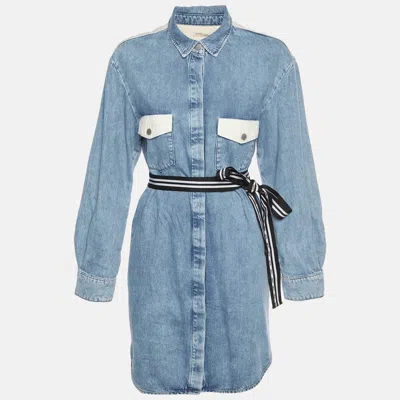 Maje Blue Cotton Belted Denim Midi Dress