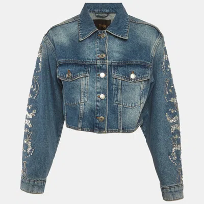 Maje Cropped Embellished Denim Jacket In Multi