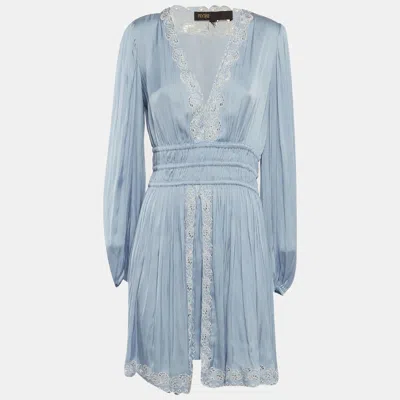 Pre-owned Maje Blue Embroidered Satin Puff Sleeve Mini Dress M