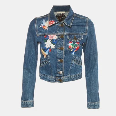 Pre-owned Maje Blue Floral Embroidered Cropped Vivo Denim Jacket S
