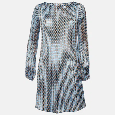 Maje Blue Geometric Print Lurex Plisse Rockilane Mini Dress