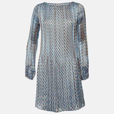 Pre-owned Maje Blue Geometric Print Lurex Plisse Rockilane Mini Dress M