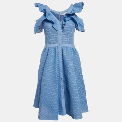 Pre-owned Maje Blue Lace Ruffled Cold Shoulder Reglisse Dress L