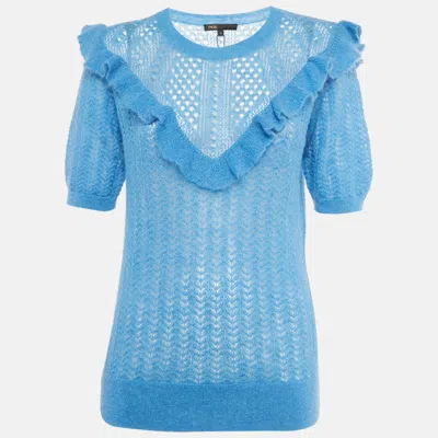 Pre-owned Maje Blue Mohair Wool Open Knit Ruffled Top L