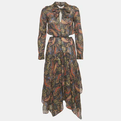 Maje Blue Paisley Print Citton Cut-out Asymmetric Midi Dress