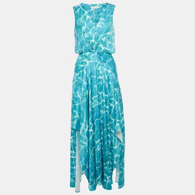 Pre-owned Maje Blue Printed Cut -out Detail Satin Asymmetric Maxi Dress S