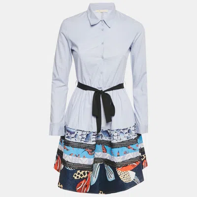Pre-owned Maje Blue Printed Lace Detail Cotton Rafina Mini Shirt Dress S