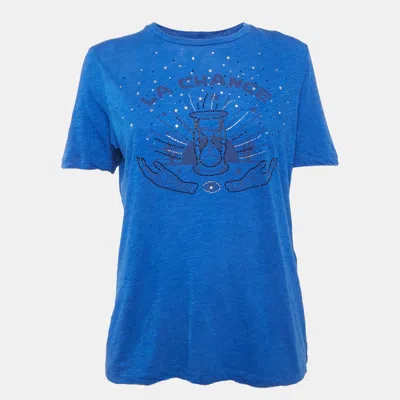 Pre-owned Maje Blue Rhinestone Detail Jersey T-shirt L