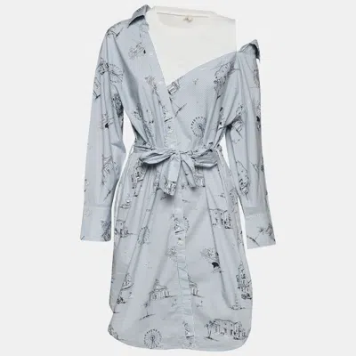 Pre-owned Maje Blue Striped Printed Cotton & Knit Off Shoulder Belted Shirt Dress M