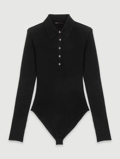 Maje Ribbed Wool And Silk-blend Bodysuit In Black