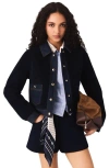Maje Denim-trim Shearling Jacket In Blue
