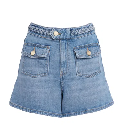 Maje Braided Flared Denim Shorts In Blue