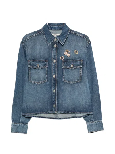 Maje Brooch-embellished Denim Shirt In Blue