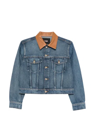 Maje Button Collared Denim Jacket In Blue