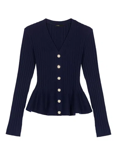 Maje Button-down Peplum Cardigan In Blue