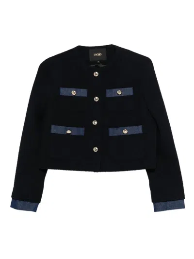 Maje Button-embellished Pocket Tweed Jacket In Blue
