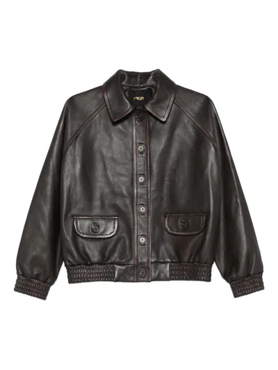 Maje Buttoned Leather Jacket In Brown