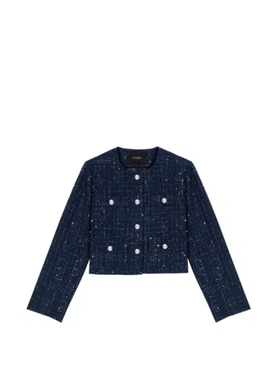 Maje Buttoned Tweed Blazer In Blue