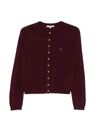 Maje Button-fatening Embroidered Cardigan In Burgundy