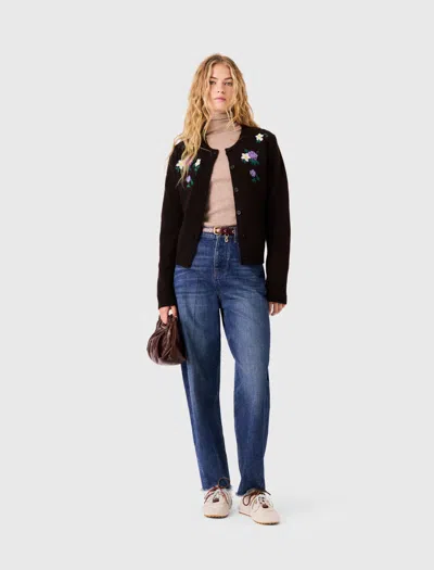 Maje Cardigan With Floral Embroidery In Brown