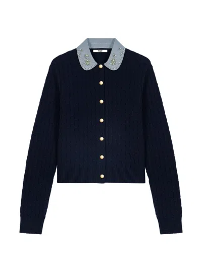 Maje Cardigan With Poplin Collar In Blue