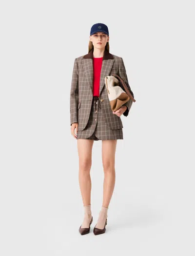 Maje Check Jacket With Removable Collar In Brown