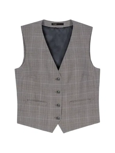 Maje Womens Grey Checked V-neck Stretch Wool-blend Waistcoat In Gray