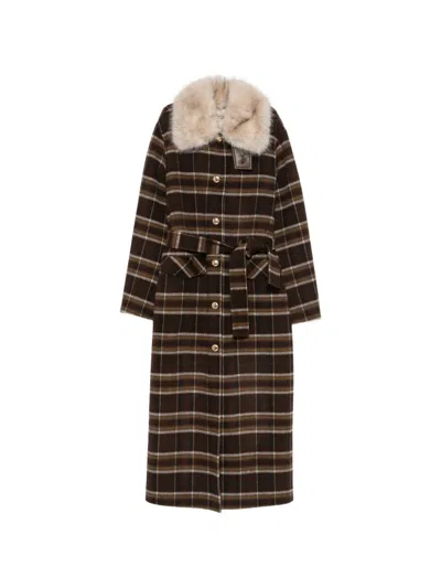 Maje Checked Faux-fur Collar Coat In 브라운