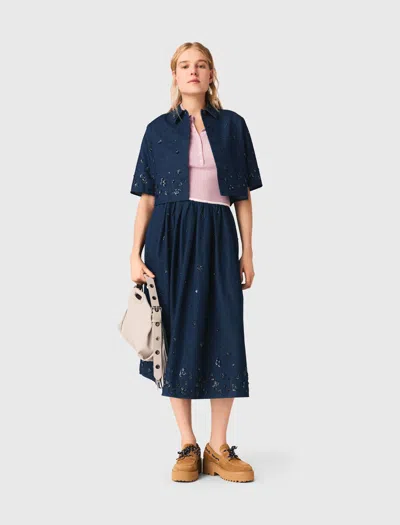 Maje Chemise Courte En Denim Brodé In Blue