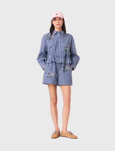Maje Chemise Rayée Courte Brodée In Blue