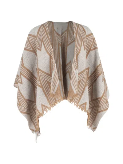 Pre-owned Maje Chevron-print Fringed Poncho Cape In Neutral