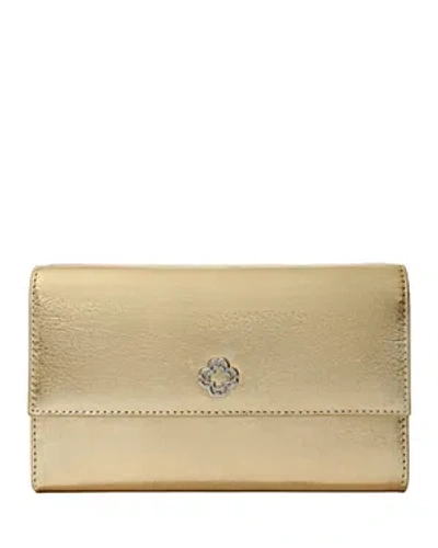 Maje Clover Walk Metallic Leather Clutch In Gold