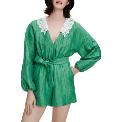 Maje Collared Long Sleeve Linen Blend Romper In Green