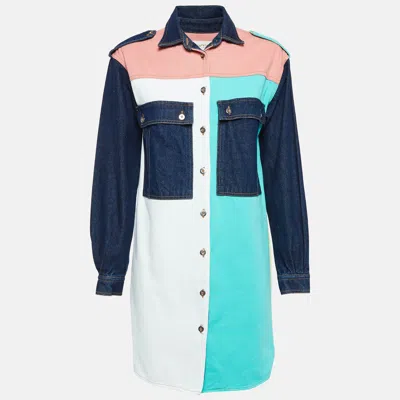 Maje Colorblocked Denim Buttoned Short Dress In Multi