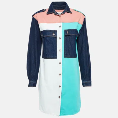 Pre-owned Maje Colorblocked Denim Buttoned Short Dress S In Multicolor