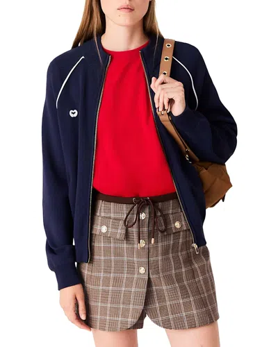 Maje Contrast Trim Zippered Cardigan In Navy